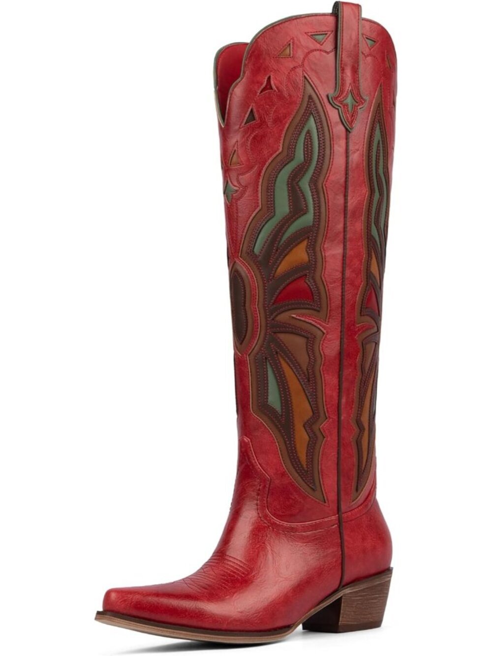 Women B-red Leather Knee High Chunky Butterfly Cowgirl Calf Pointed Toe Boot